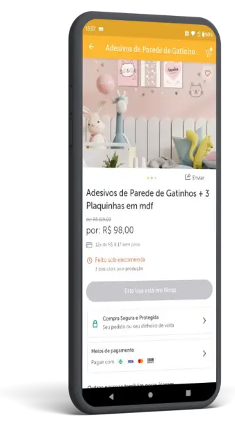 Anúncio de adesivo de parede de gatinhos publicado num marketplace, visto no celular, com preço e opções de pagamento