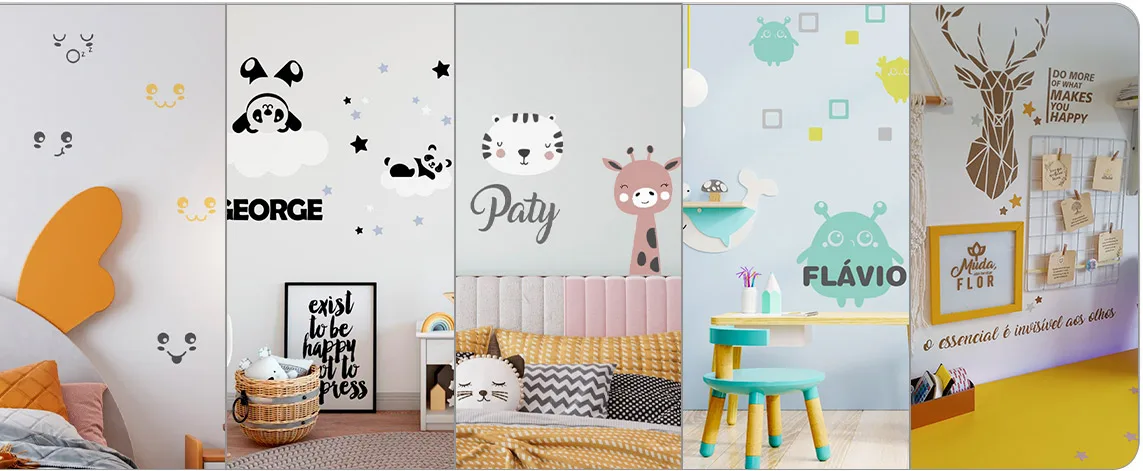 Cinco quartos infantis com adesivo de parede aplicado: carinhas coloridas sobre a cama, pandas e estrelas com o nome George, um tigre e uma girafa com o nome Paty, monstrinhos verdes com o nome Flávio, e um cervo geométrico com uma frase na parede
